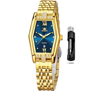 Imagem de OLEVS Relógio feminino quadrado, analógico, pequeno, feminino, aço inoxidável, à prova d'água, luminoso, dois tons, conjunto moderno para senhora, Relógio azul com cronógrafo, relógio feminino