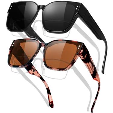Imagem de KANASTAL 2 Pares Óculos de Sol Feminino Masculino Polarizado Sobrepor Preto Oculos Tartaruga Quadrado Grande Proteção UV400 -Pretos + Marrom Leopardo