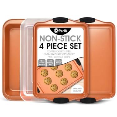 Imagem de Conjunto de panelas antiaderentes para assadeira de cobre, 4 peças, inclui 2 grandes folhas de biscoito com alças de silicone preto, uma forma de bolo retangular 9x13 mais uma capa de plástico transparente para fácil armazenamento da PERLLI
