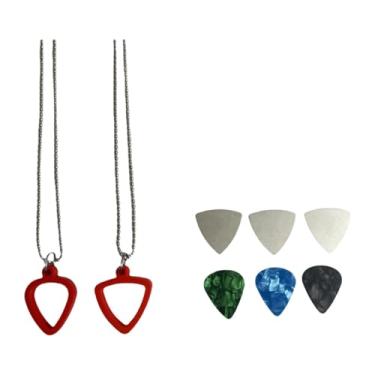 Imagem de Almencla Picada de guitarra de colar de guitarra pingente de plectrum 3pcs picaretas de aço inoxidável e 3pcs coloridos de celulóide para ukulele, Vermelho