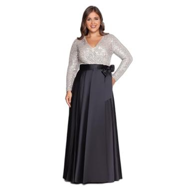 Imagem de Xscape Vestido feminino plus size com corpete de manga comprida e saia de cetim com decote em V e comprimento até o chão, Preto/Nude/Prata, 58