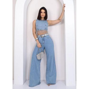 Imagem de Calça pantalona barra desfiada feminina -tamanho 44 - FEST MODA