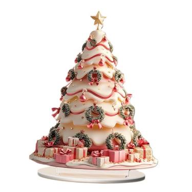 Imagem de Fenteer Placa de árvore de Natal 2D, enfeite de acrílico, presentes, arte colecionável, decorações para escritório, quarto, mesa, mesa, centro de mesa, Branco Rosa