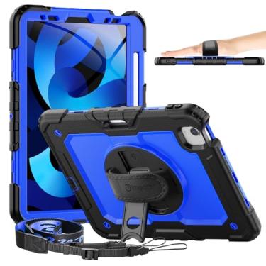Imagem de Timecity Capa resistente de 3 camadas para iPad Air 5ª/4ª geração, 10,9 polegadas, 2022/2020, com suporte giratório, alça de mão, porta-lápis, azul escuro