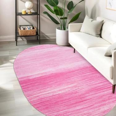 Imagem de USTIDE Tapete de berçário rosa oval 1,2 m x 1,8 m lavável listrado tapete antiderrapante para quarto de crianças para quarto/sala de estar/sala de jogos