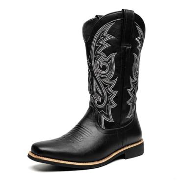 Imagem de Forevercan Botas masculinas de couro, bico redondo, salto grosso, clássico, bordado, salto grosso, botas de cano médio ocidentais, Preto A, 44