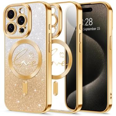 Imagem de Hython Capa com glitter para iPhone 15 Pro Max, compatível com MagSafe Love Heart Magnetic Clear Phone Cases para mulheres e meninas, proteção total da câmera, revestimento brilhante à prova de choque