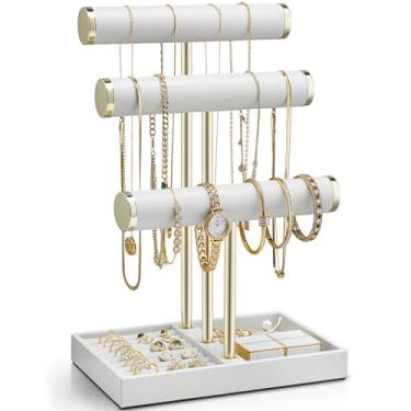 Imagem de Vlando Suporte de pulseira de 3 camadas com bandeja - Organizador de joias de couro para mulheres - expositor de joias para colar, relógios, anéis, brincos, pulseira, scrunchie - branco