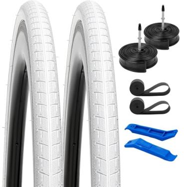 Imagem de YUNSCM 2 peças 700C pneus de bicicleta 28x1 5/8x1 1/8 700x28C/28-622 e 700C tubos de bicicleta resistentes válvula Presta com 2 tiras de aro compatível com 700x26C 700x28C 700x30C pneus e tubos de