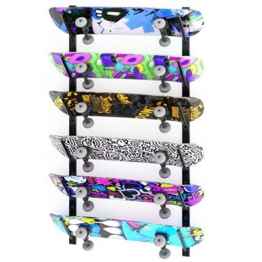 Imagem de Suporte de parede para skate, suporte de parede de skate de 6 níveis, organizador de deck de longboard para armazenamento de snowboard, suporte de parede para exibição de skate