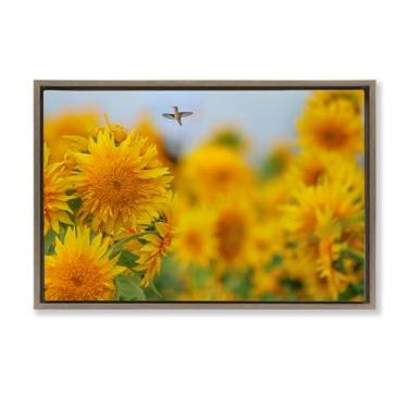Imagem de Stupell Industries Design de arte de parede em tela flutuante marrom beija-flor feliz e girassóis por Carrie Ann Grippo-Pike, 43 x 63 cm