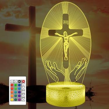 Imagem de Attivolife Luz noturna Jesus Cross 3D, holograma óptico de ilusão cristã com controle remoto de 16 mudanças de cor, decoração católica de LED, presente de aniversário religioso para mulheres e mães