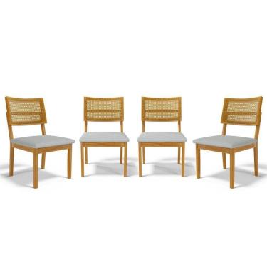 Imagem de Kit Com 4 Cadeiras Aline Madeira Maciça Assentos Estofados Encostos De Tela Palha Sextavada Linho Cinza 407