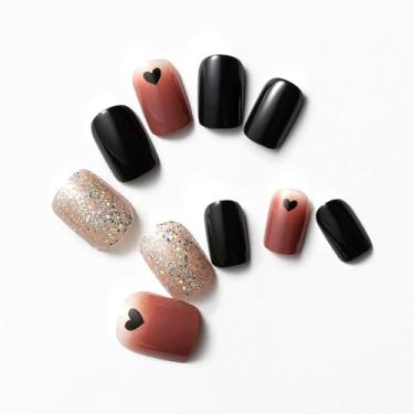 Imagem de ClawArts Unhas de pressão - quadrado médio, padrão de coração - ombré vermelho e cor preta, glitter - sem necessidade de cola - 24 peças, 12 tamanhos - perfeita para escritório e unhas frágeis - com