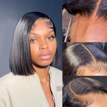 Imagem de Karlami Peruca Bob 15 x 15 cabelo humano HD transparente bob peruca frontal perucas de cabelo humano para mulheres 150% densidade perucas Bob curto (15x6 peruca reta bob cor preta, 25 polegadas)