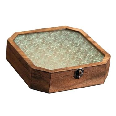 Imagem de UGPLM Caixa de armazenamento de madeira para joias, recipiente multiuso com tampa de vidro, caixa de presente para pulseira e anel, 23x23x5.8 Cm
