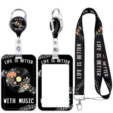 Imagem de Cordão para cartão de identificação, música, notas, crachá, protetor com cordão retrátil, mosquetão resistente, suporte de identificação vertical de disco fofo para enfermeira, professor, escritório