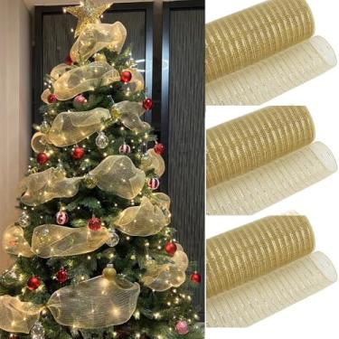 Imagem de 2 peças de rede de malha de arame com glitter dourado - fita metálica para decoração de árvore de Natal, guirlanda de fita, laço de guirlanda (25 cm x 10 jardas)