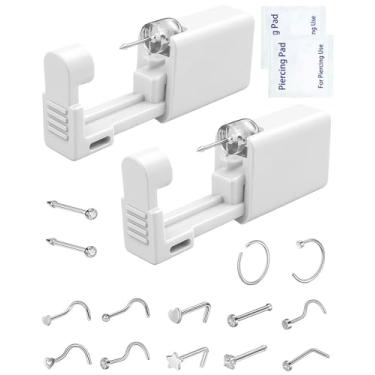 Imagem de 2 peças de kit de piercing de nariz, ferramentas portáteis de piercing de nariz com 12 peças de anéis de nariz grátis, pistola de piercing de nariz para cartilagem Helix Piercing (prata)