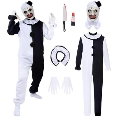Imagem de Fantasia de cosplay de palhaço artístico, fantasia de terrifier de Halloween com macacão máscara de látex faca falsa, Branco, preto., X-Large