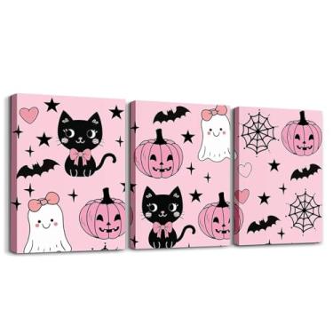 Imagem de jejeloiu Decoração de Halloween infantil arte de parede em tela para sala de estar quarto desenho animado fantasma decoração de parede para banheiro gato preto meninos meninas arte pôsteres pintura