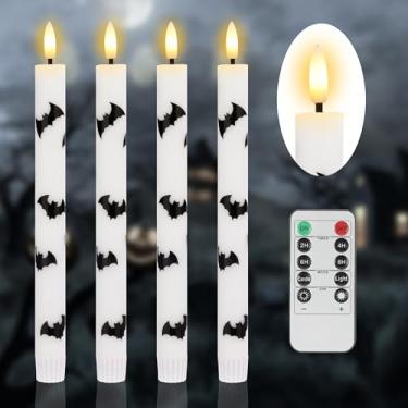 Imagem de SEHNSY Velas cônicas sem chama com taco e temporizador de controle remoto, pacote com 4 velas cintilantes de LED de cera realistas alimentadas por bateria para janela de Halloween, casa assombrada