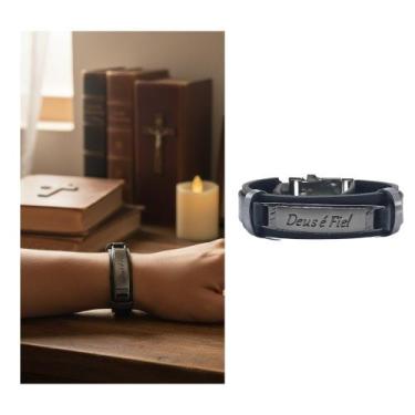 Imagem de Pulseira Deus é Fiel Níquel Couro Preto - FORNECEDOR 6