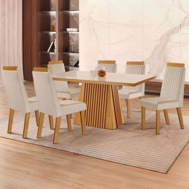 Imagem de Mesa de Jantar 4 Lugares áustria Ripado com Vidro Castanho/Cinamomo/Suede Creme 17658 - Lj Móveis