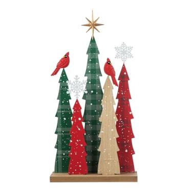 Imagem de Glitzhome Decoração de mesa de árvore de Natal de madeira, 59 cm A rústica decoração de mesa de férias de inverno conjunto de floresta dispersa com cardeais, flocos de neve e estrela do norte para
