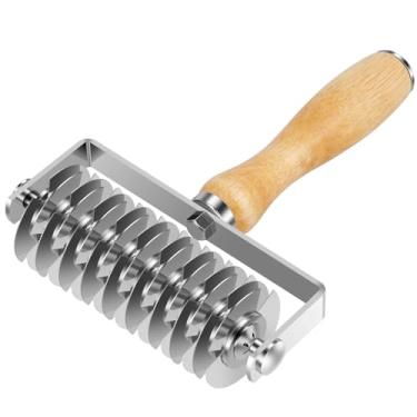 Imagem de Cortador de rolo de treliça de pastelaria de aço inoxidável com cabo de madeira para pão de pizza com crosta de torta