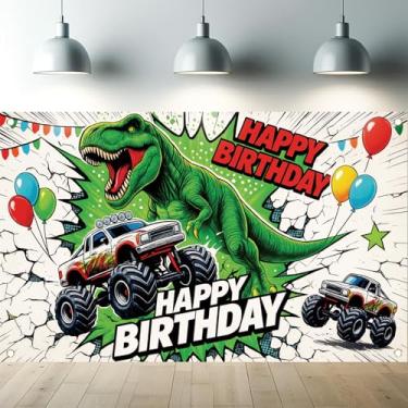 Imagem de Saoplasa Banner de fundo de dinossauro caminhão monstro feliz aniversário decoração de festa de aniversário de crianças fundo fotografia suprimentos de festa meninos cabine de fotos 180 x 109 cm