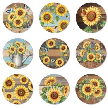 Imagem de ANATTASOUL Conjunto de 9 porta-copos de madeira coloridos com padrão de girassol redondo para decoração de mesa de centro de mesa, porta-copos antiderrapantes de 9,9 cm para bar, presente de