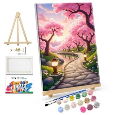 Imagem de JOOZ Kit de pintura por números para adultos, pintura Sakura emoldurada por número com cavalete flor de cerejeira kit de pintura para adultos por número. Kits de pintura a óleo de cenário de tela