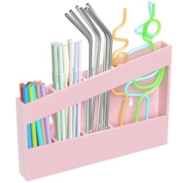 Imagem de Rulyyo Suporte de canudo de acrílico para armário - Dispensador organizador de canudo reutilizável rosa de 23 cm com fitas adesivas ultra aderentes, acessórios de cozinha inclinados montados na porta