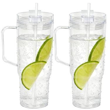 Imagem de Copos de plástico de 1,134 g com alça, tampa rosqueada com canudo incluído, garrafa de água reutilizável à prova de vazamento de parede dupla caneca de viagem para café gelado, bebida quente e fria