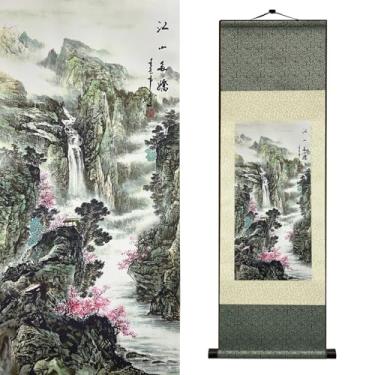 Imagem de Newscz Pintura de parede de rolagem de seda com paisagem de rio de montanha, arte asiática, com pinheiros e folhagem de outono, decoração tradicional chinesa estilo zen para sala de estar, quarto