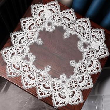 Imagem de Wuluwala Toalha de mesa quadrada de cabeceira, capa de mesa de cabeceira, toalha de mesa de renda de macramê, bordada, pequena capa de mesa de renda para festivais de casamento, festas de fim de ano