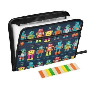 Imagem de ZZKKO Pasta de arquivo expansível com 13 bolsos, robôs fofos, crianças, com etiquetas adesivas, pasta de arquivos sanfonada, organizador de documentos, tamanho carta A4, documentos expansíveis
