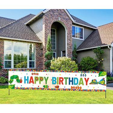 Imagem de Banner de aniversário The Very Hungry Caterpillar, placa de feliz aniversário da Caterpillar, decorações do mundo de Eric Carle, artigos de festa para meninos e meninas (24 x 4 metros)