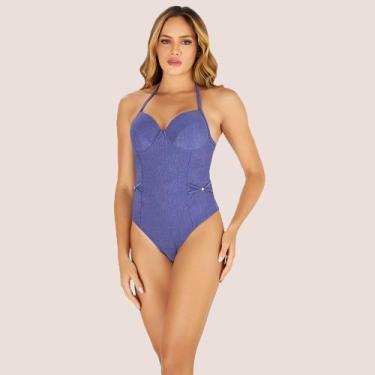 Imagem de Maiô Fio Dental Liso Moda Praia Verão Banho De Mar, Azul, 42