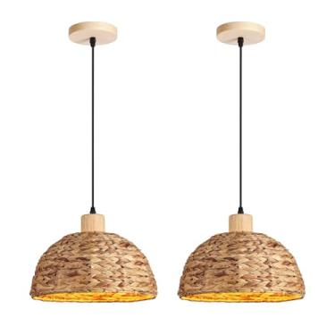 Imagem de peças de luminárias pendentes em formato de cúpula, luminária suspensa estilo boho, estilo cesta de vime, luminária de teto rebaixado de vime feita à mão, luzes de ilha de cozinha, luminária