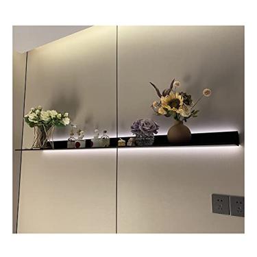 Imagem de Prateleiras de parede de alumínio com luz LED, suporte flutuante de exibição de livros de plantas, decoração de prateleira pendente de armazenamento de organizador interior (cor: Black, tamanho: 90 cm