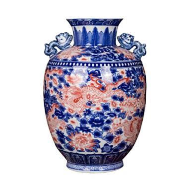 Imagem de AKALNNB Vaso de flor vaso de cerâmica novo chinês retrô pintado à mão vasos de porcelana azul e branco 13,7 polegadas grande orelha dupla decoração vaso de flores decorati