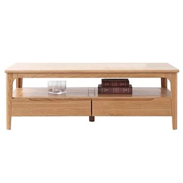 Imagem de Mesa de centro de madeira maciça, mesa de chá de carvalho moderna, mesa central retangular grande com 2 gavetas e prateleira de armazenamento aberta para sala de estar
