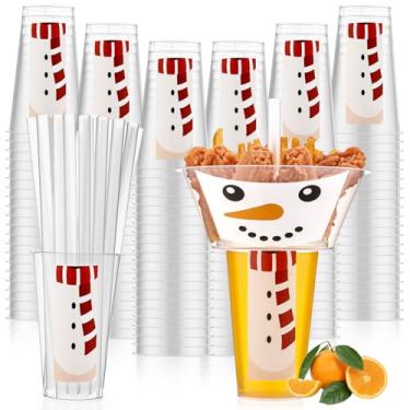 Imagem de SiliFine 25 conjuntos de copos de bebida e lanche de boneco de neve de festa de Natal com canudos, copo de plástico descartável para estádio com tigela de lanche para batatas fritas, frango, fruta