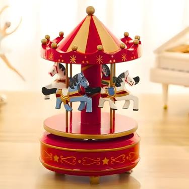 Imagem de Carrossel Musical Vermelho e Dourado – Caixinha de Música de Corda com 4 Cavalinhos Giratórios | Enfeite de Natal e Presente retrô e clássico