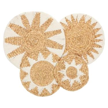 Imagem de Pacote com 4 cestas de parede boho, decoração de parede boho, cabaça, grama, vime, vime, boho, cestos redondos para pendurar na parede, arte de parede plana rústica para sala de estar, quarto, cozinha