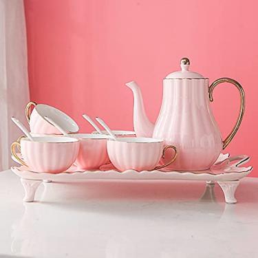 Imagem de Conjunto de chá moderno com bule de chá de porcelana conjunto de xícaras de café com bandeja e colheres de chá para uso doméstico, azul (azul) (rosa) (rosa)