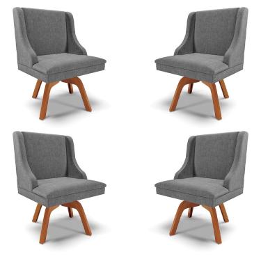 Imagem de Kit 4 Cadeiras Decorativas Sala de Jantar Base Giratória de Madeira Firenze Linho Grafite/Natural G19 - Gran Belo