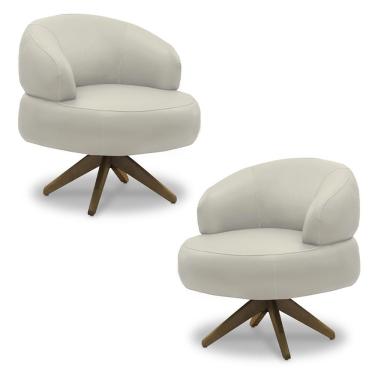 Imagem de Kit 2 Poltronas Decorativas Katy Sala de Estar Base Giratória em Madeira Couro Bege G88 - Gran Belo
